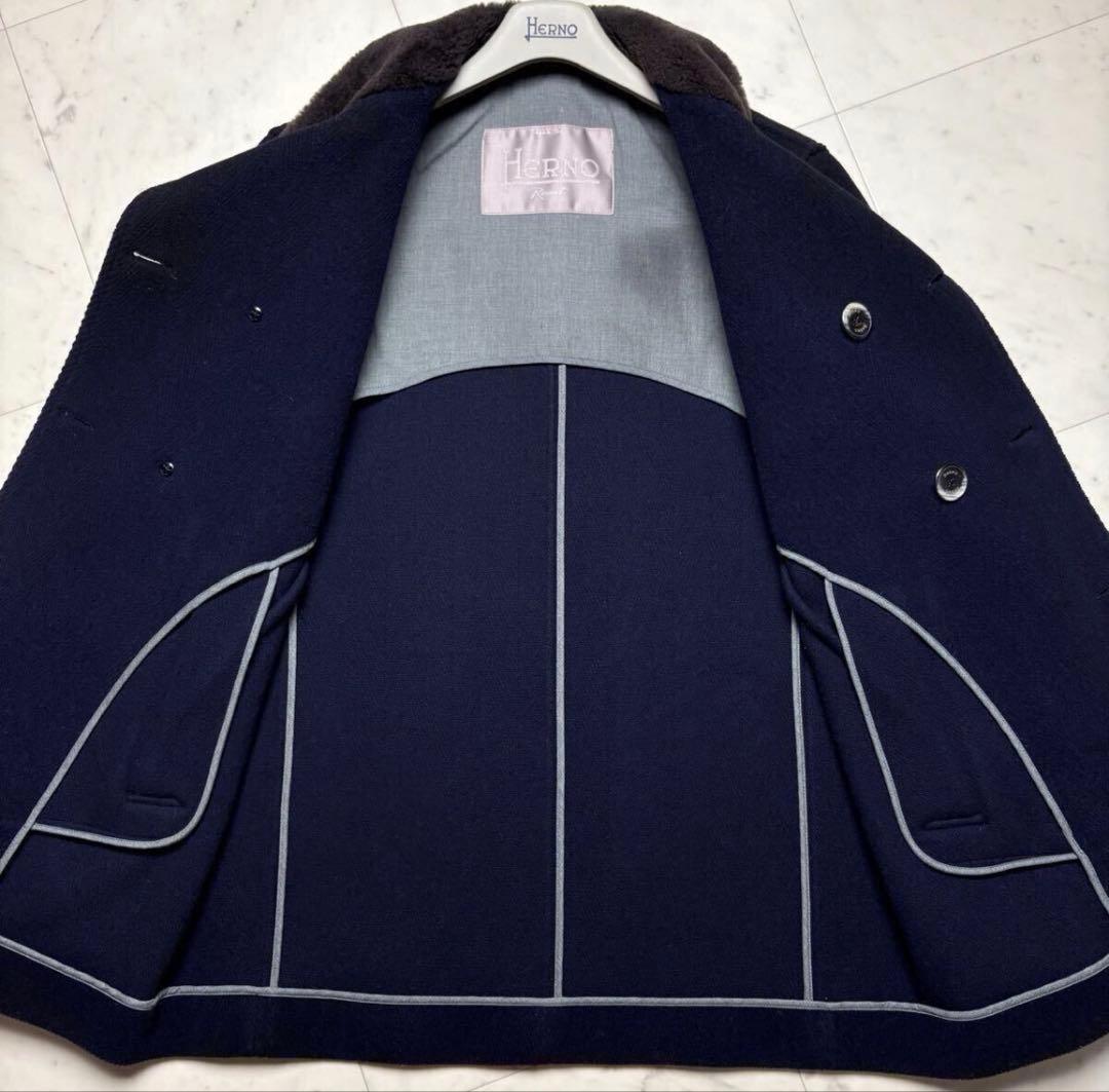 【美品】HERNO RESORT ムートン襟レザー Pコート 46 ネイビー