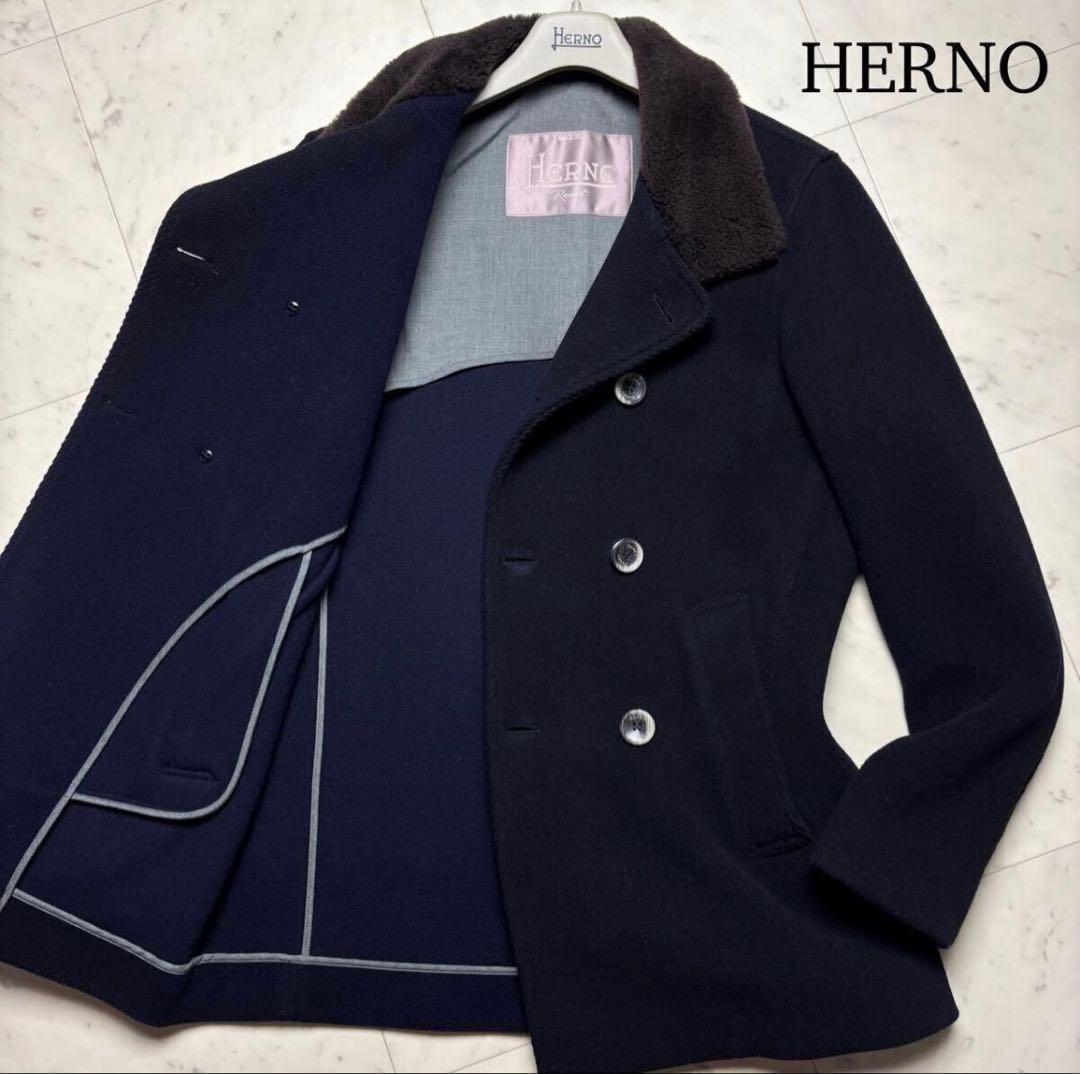 【美品】HERNO RESORT ムートン襟レザー Pコート 46 ネイビー