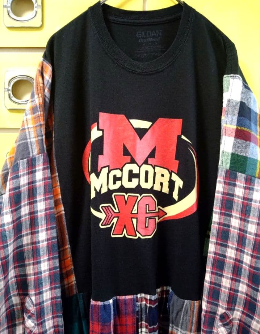 ネルシャツ＆Tシャツリメイクワンピース＆付け襟︎︎✤黒✤オーバー／フリーサイズ