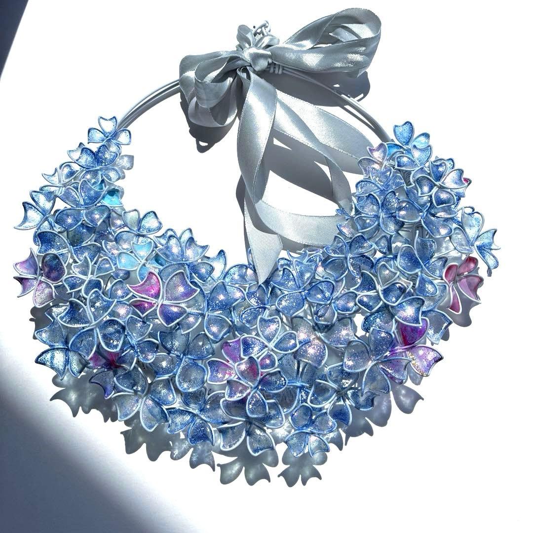 一点物　涼しげなブルー紫陽花リース　ワイヤークラフト　ディップアート　アート