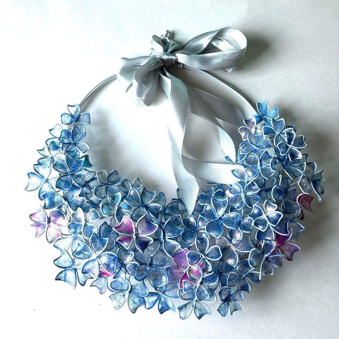 一点物　涼しげなブルー紫陽花リース　ワイヤークラフト　ディップアート　アート