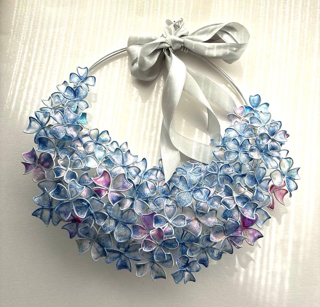 一点物　涼しげなブルー紫陽花リース　ワイヤークラフト　ディップアート　アート