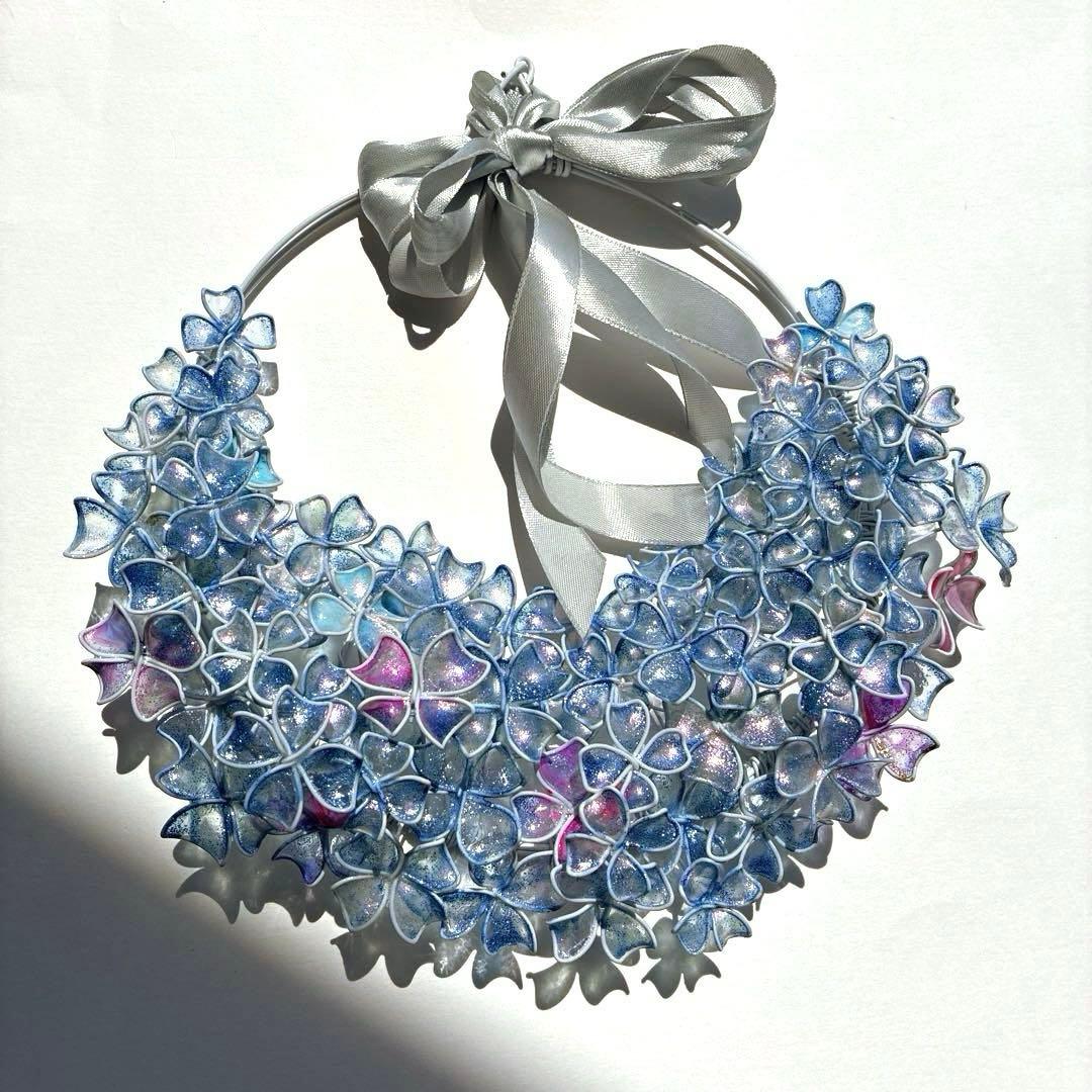 一点物　涼しげなブルー紫陽花リース　ワイヤークラフト　ディップアート　アート