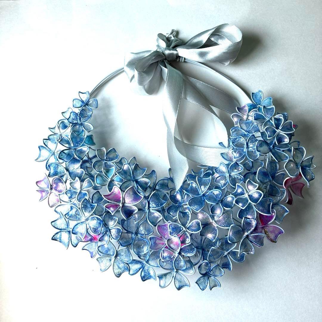 一点物　涼しげなブルー紫陽花リース　ワイヤークラフト　ディップアート　アート
