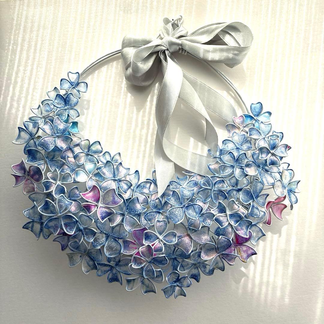 一点物　涼しげなブルー紫陽花リース　ワイヤークラフト　ディップアート　アート