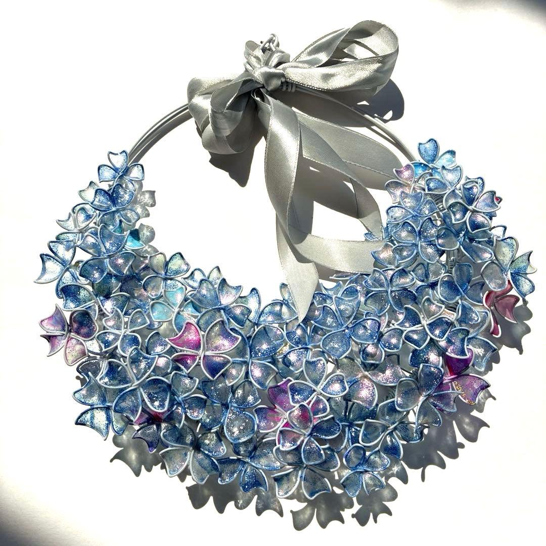 一点物　涼しげなブルー紫陽花リース　ワイヤークラフト　ディップアート　アート