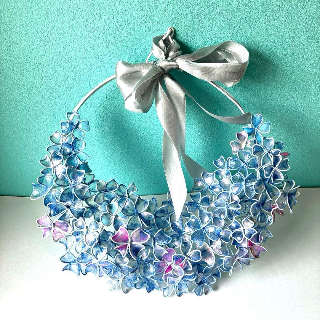 一点物　涼しげなブルー紫陽花リース　ワイヤークラフト　ディップアート　アート