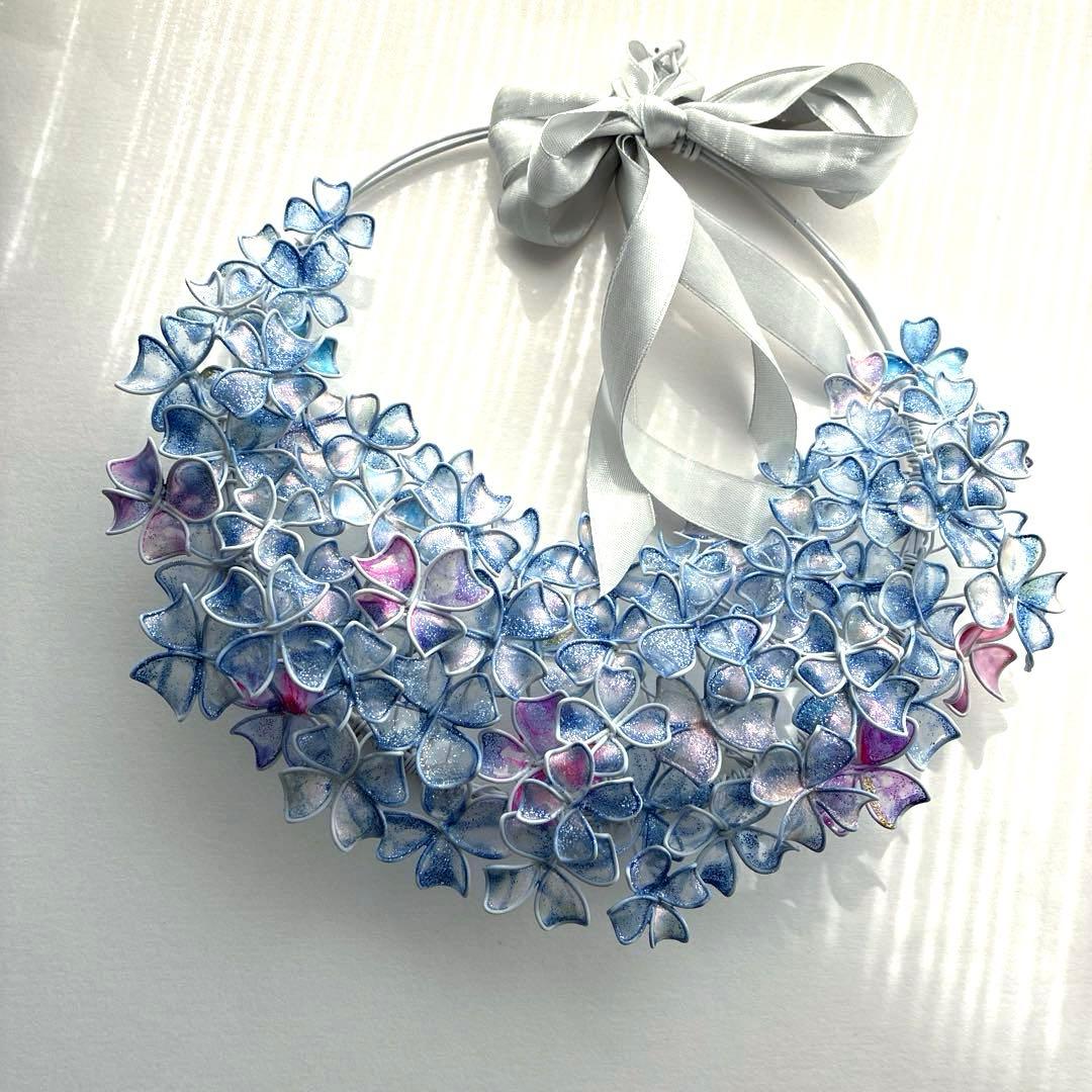 一点物　涼しげなブルー紫陽花リース　ワイヤークラフト　ディップアート　アート