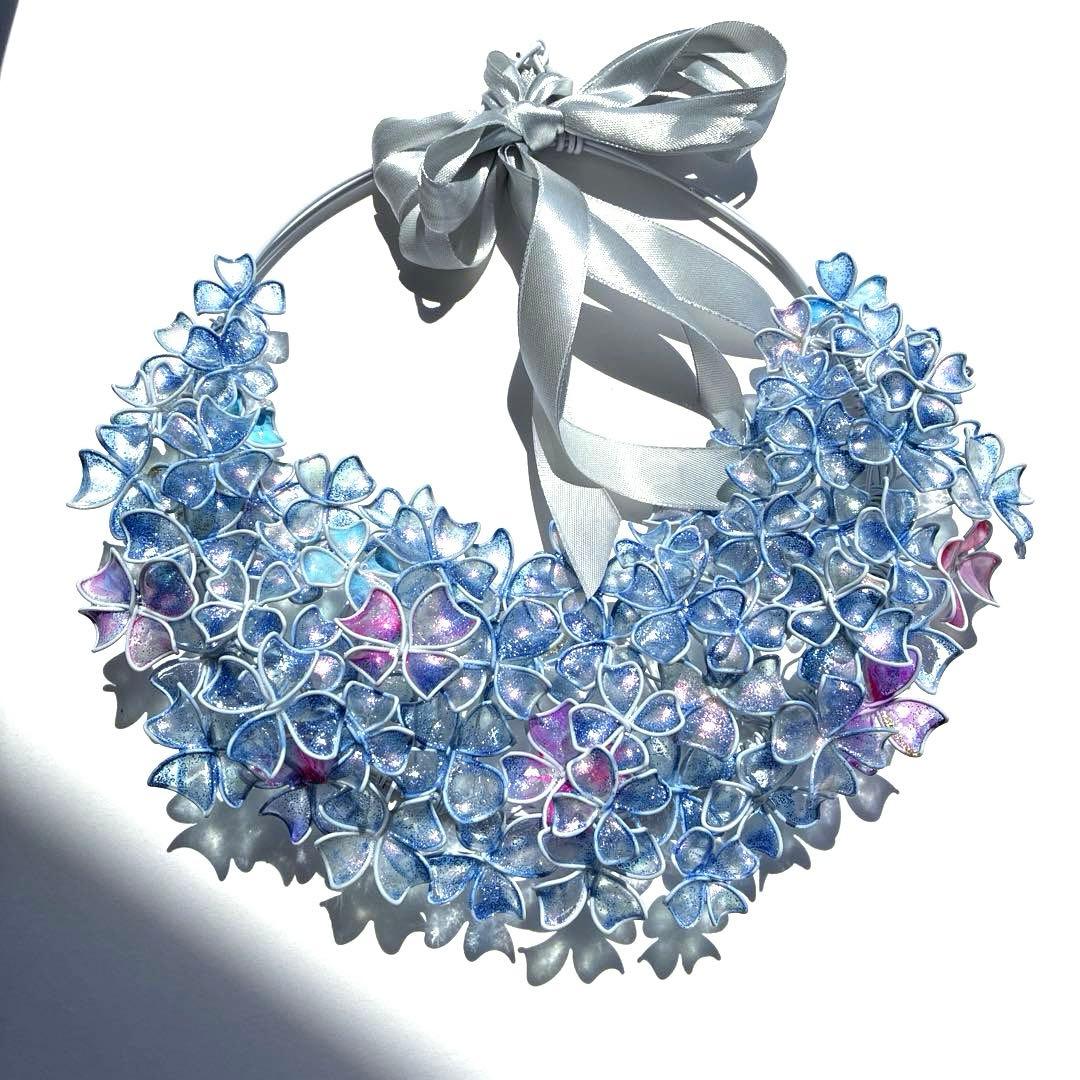 一点物　涼しげなブルー紫陽花リース　ワイヤークラフト　ディップアート　アート