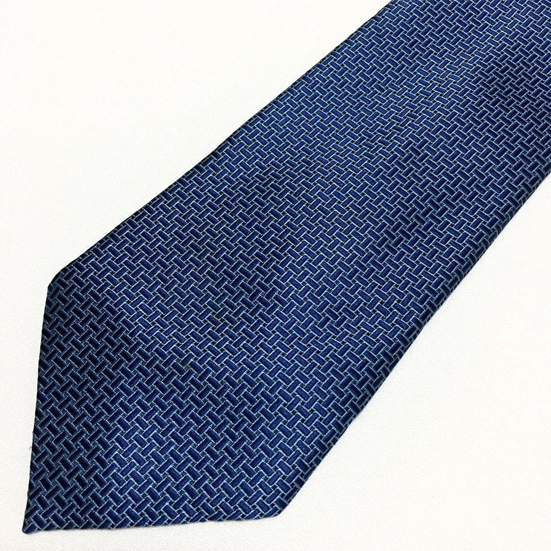 未使用級 エルメス HERMES ネクタイ シルク100% ブルー 総柄