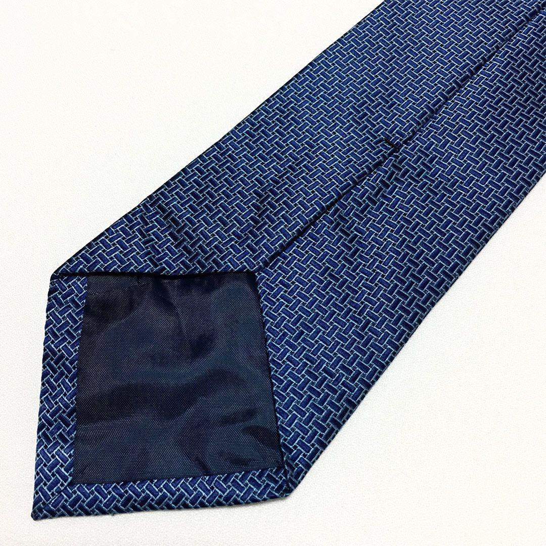 未使用級 エルメス HERMES ネクタイ シルク100% ブルー 総柄