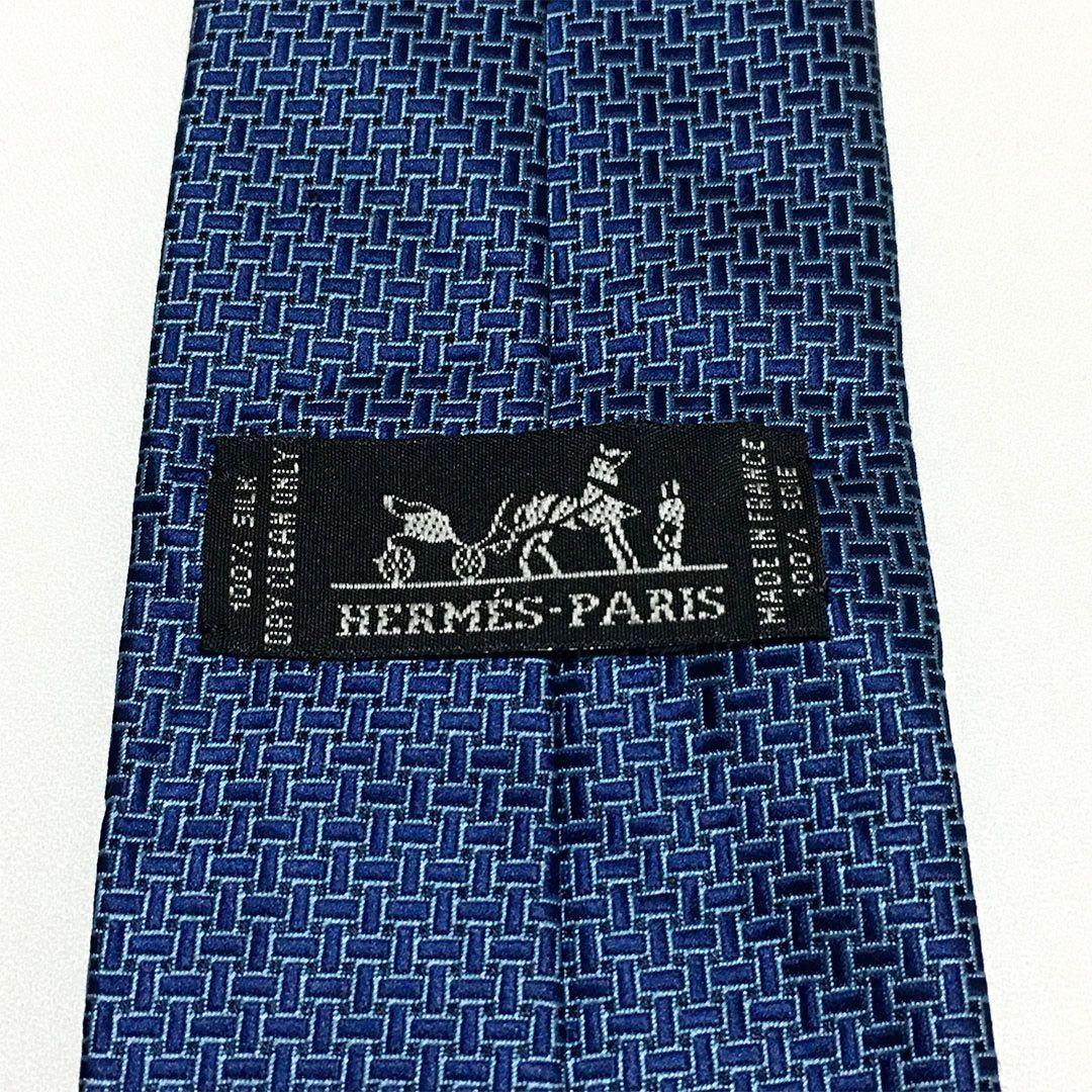 未使用級 エルメス HERMES ネクタイ シルク100% ブルー 総柄