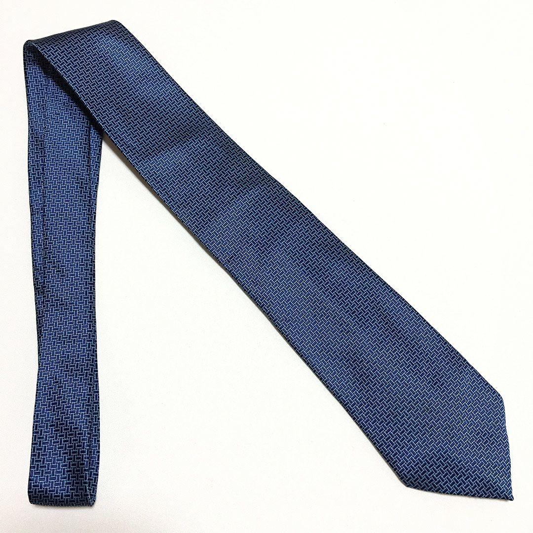 未使用級 エルメス HERMES ネクタイ シルク100% ブルー 総柄