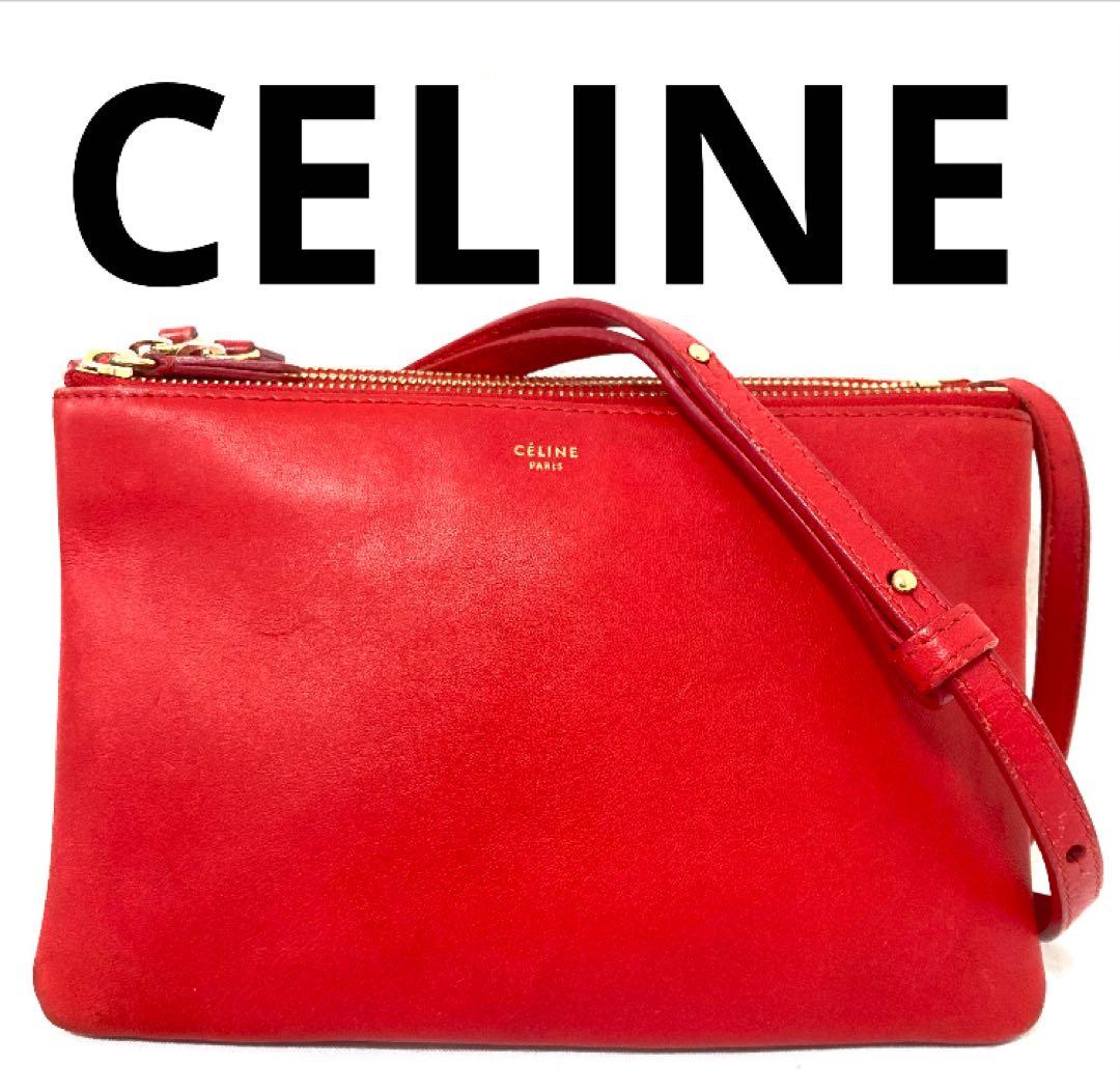 CELINE セリーヌ トリオ　ショルダーバッグ　レザー　赤　レッド 旧ロゴ