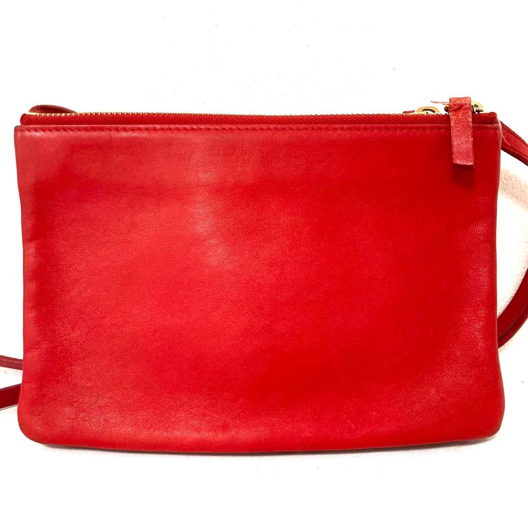 CELINE セリーヌ トリオ　ショルダーバッグ　レザー　赤　レッド 旧ロゴ