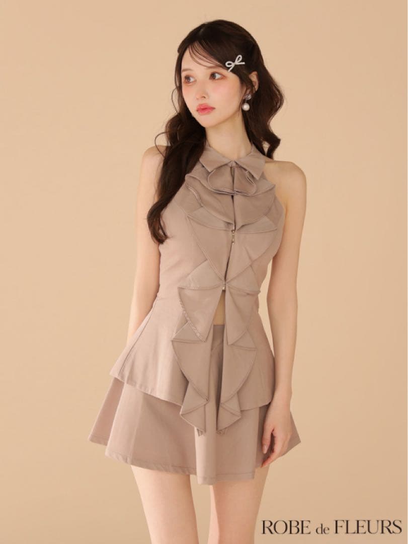 ROBE de FLEURS フロントフリルホルタードレス/Sサイズ