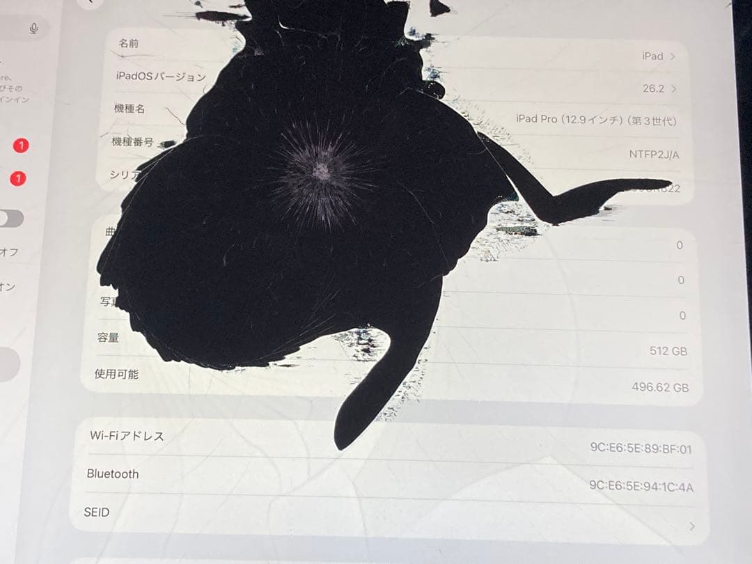 iPad Pro 12.9インチ 第3世代 512GB ジャンク 画面割れ黒シミ