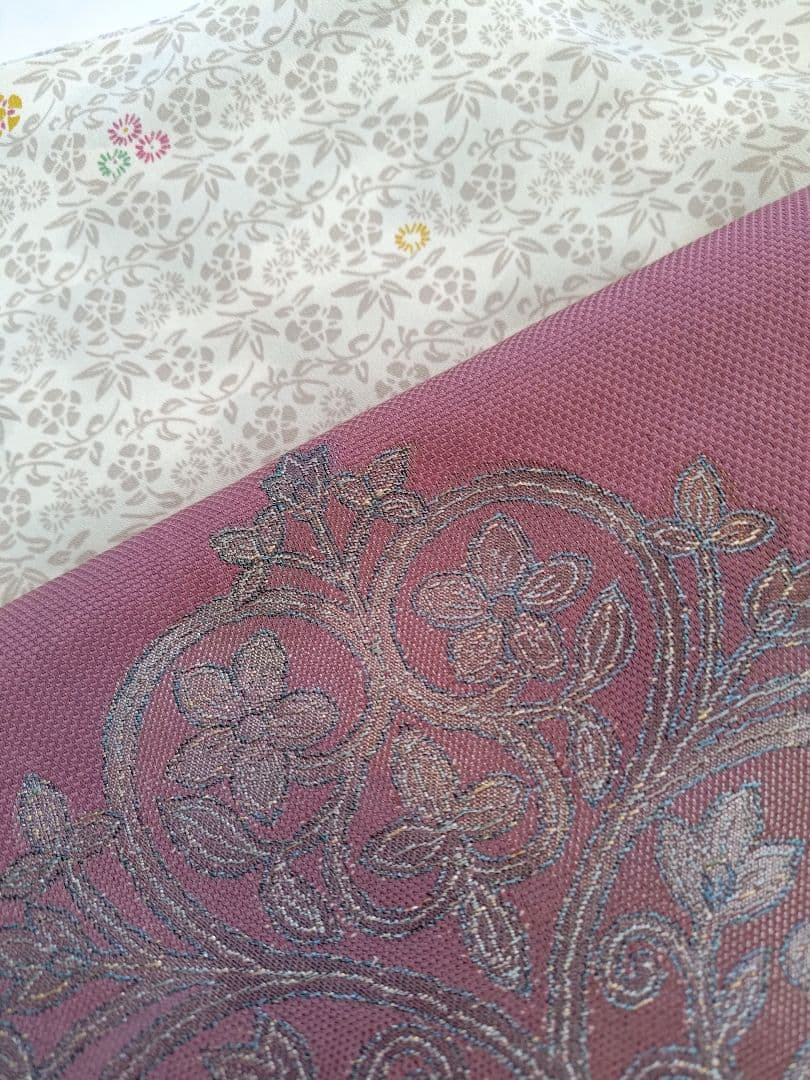 【本日中限定値下】大人名古屋帯くすみピンク草花柄オリエンタル柄刺繍お太鼓柄着物帯