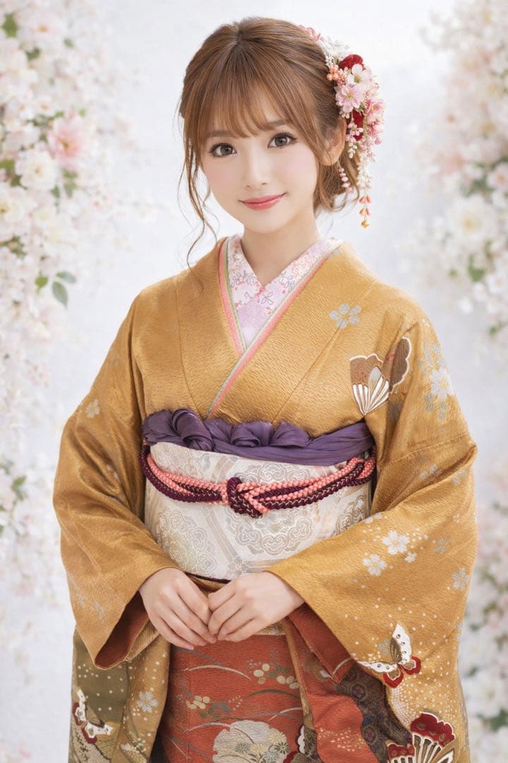 正絹振袖フルセット　豪華金彩　縁起柄金色 オレンジ 蝶模様　成人式