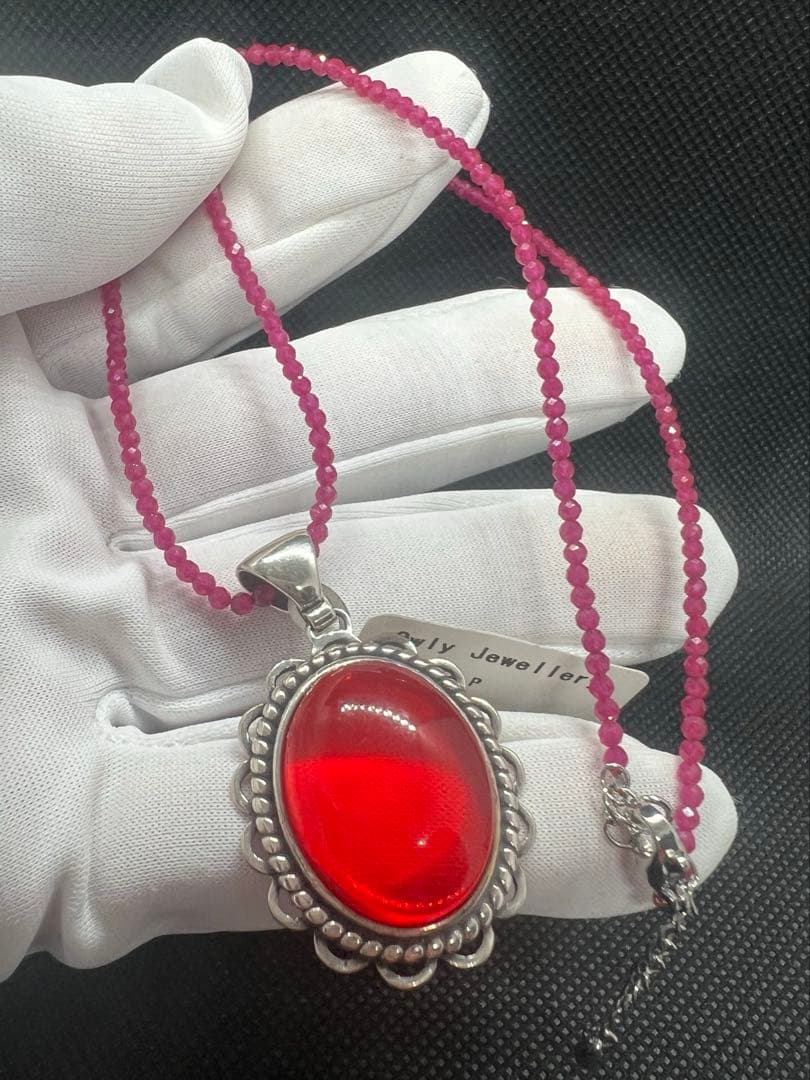 天然ポーランドの赤琥珀のペンダントトップにルビーのチェーンのセットs925使用