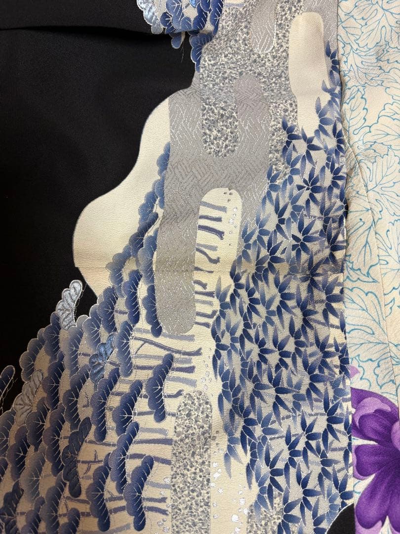 《150cm／LL〜3L》黒留袖リメイクワンピース ― 青藤と紫花の静謐