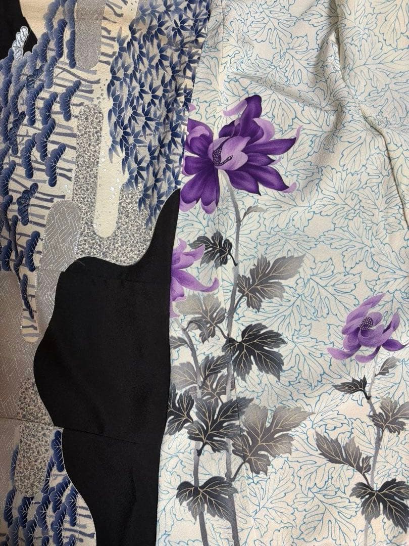 《150cm／LL〜3L》黒留袖リメイクワンピース ― 青藤と紫花の静謐