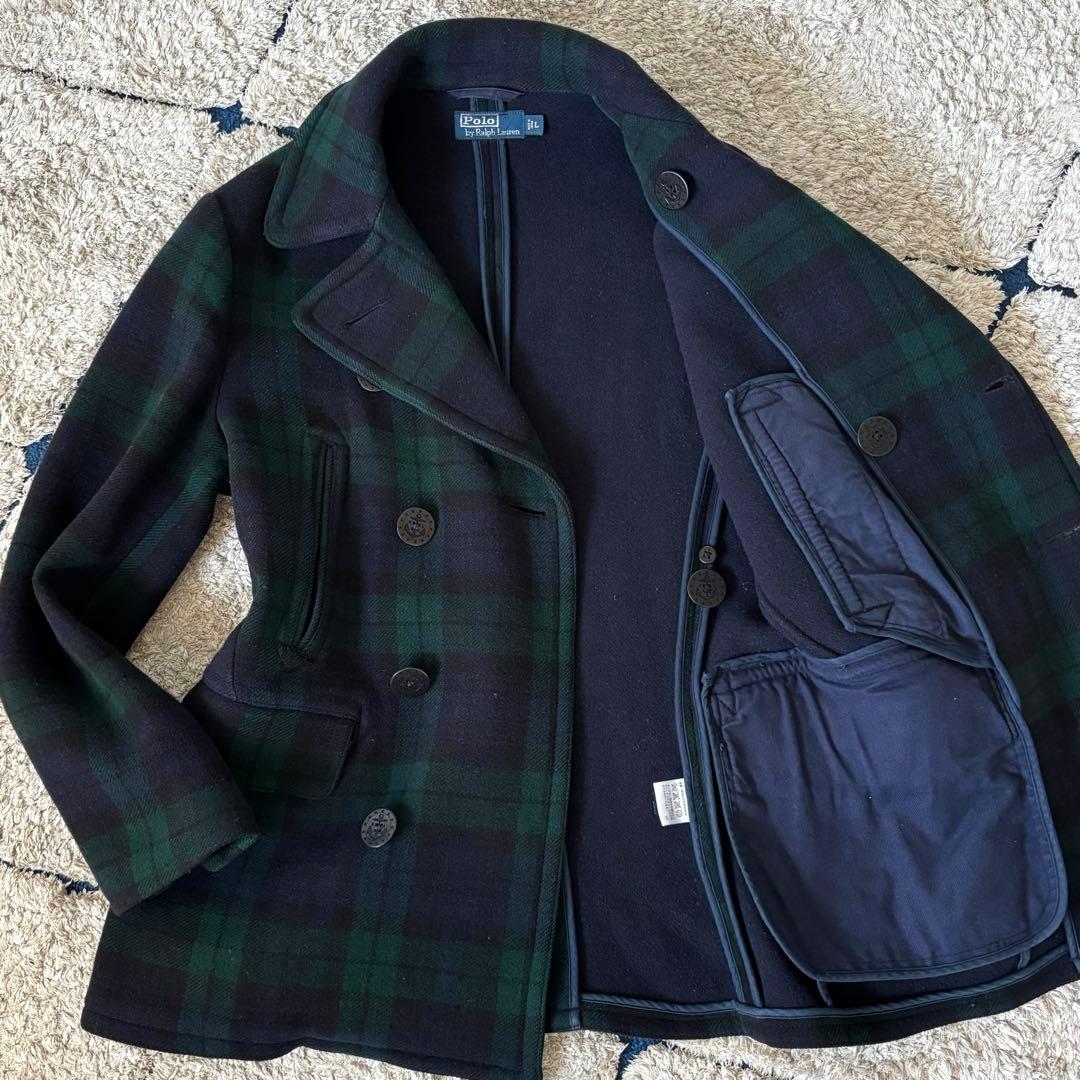 【美品✨】ポロラルフローレン　Pコート　チェック　ウール　ダブル　Ｌ　グリーン