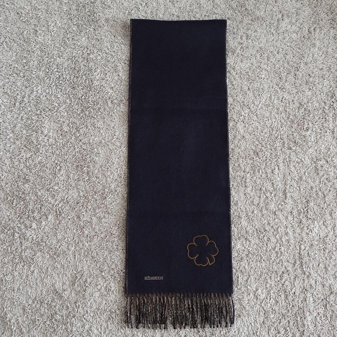 極美品✤エルメス マフラー フラワーモチーフブラウン×ネイビー ユニセックス