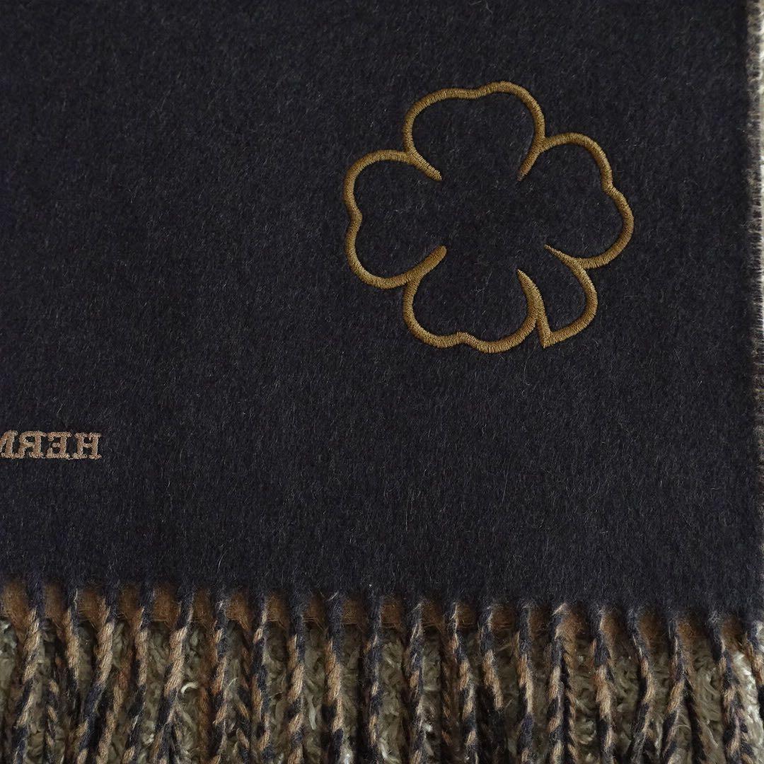 極美品✤エルメス マフラー フラワーモチーフブラウン×ネイビー ユニセックス