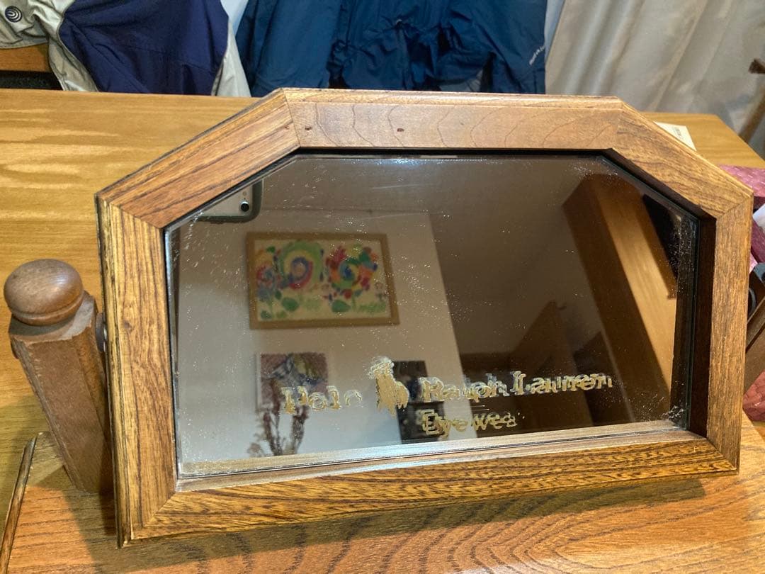 ポロラルフローレン　木製アンティーク販売什器　左右引き出しテーブル　鏡付き