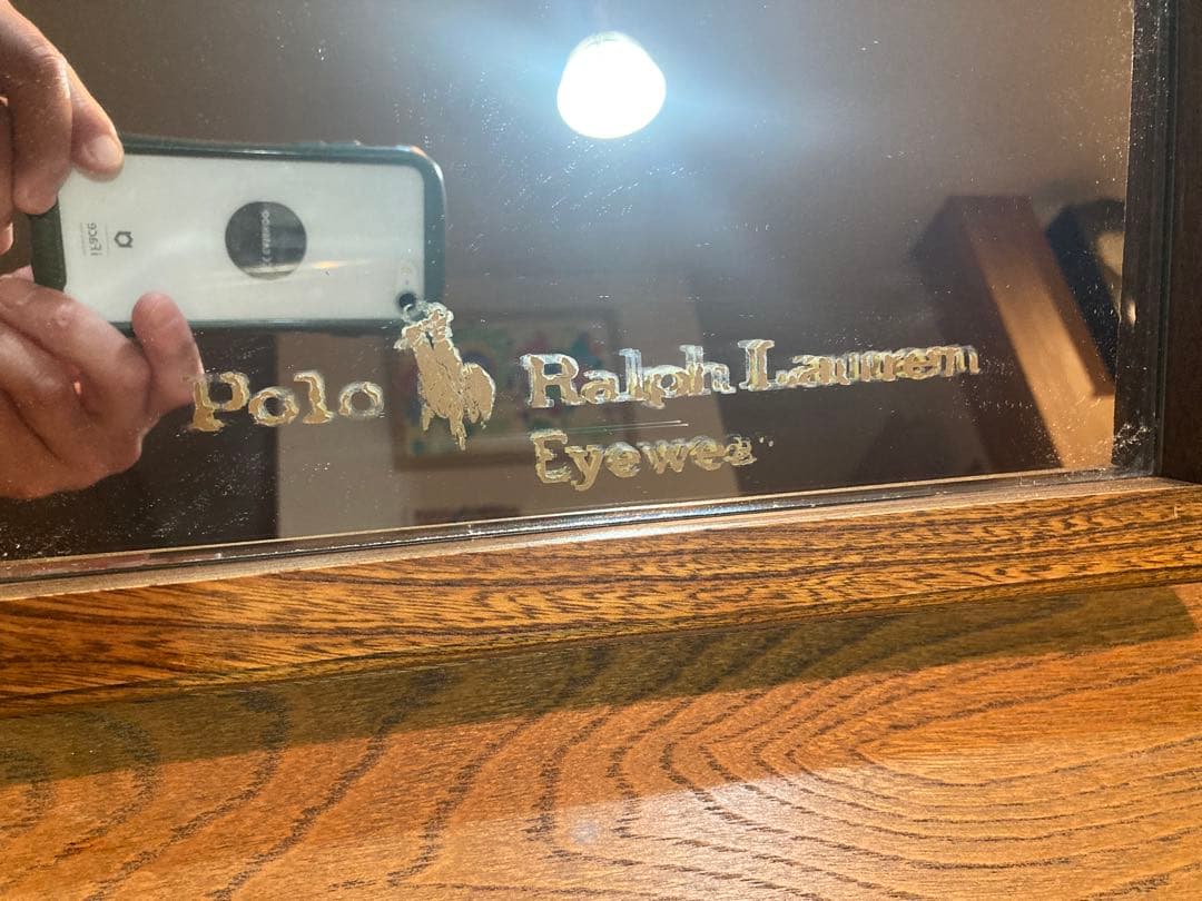 ポロラルフローレン　木製アンティーク販売什器　左右引き出しテーブル　鏡付き