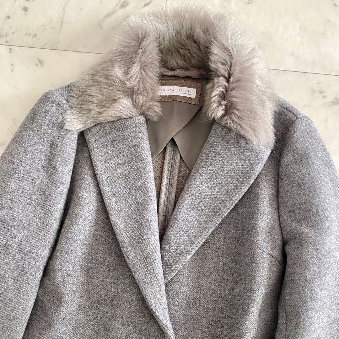 美品 ファビアナフィリッピ ファー付き レザー切り替えウールチェスターコート