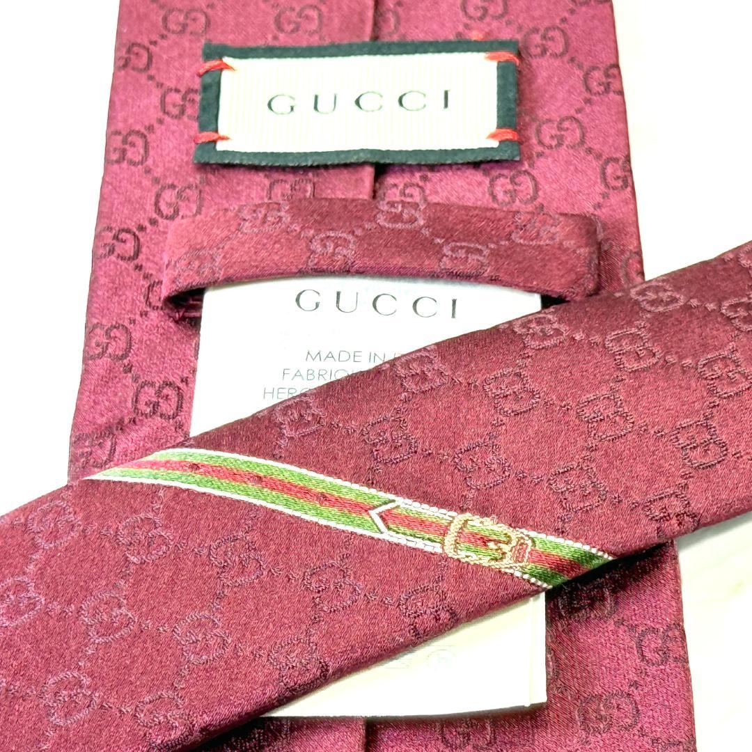 ☆即発 GUCCI グッチ GG 総柄 シルク ネクタイ ボルドー ウェブライン