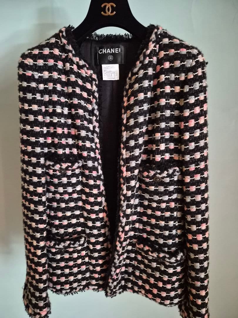 『CHANEL』シャネル　ブラック&ピンク&グレー　ツィード　ジャケット　38