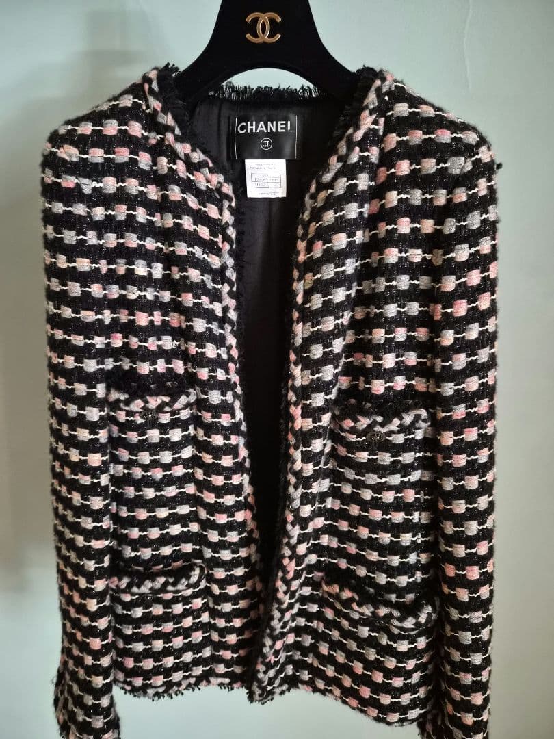 『CHANEL』シャネル　ブラック&ピンク&グレー　ツィード　ジャケット　38