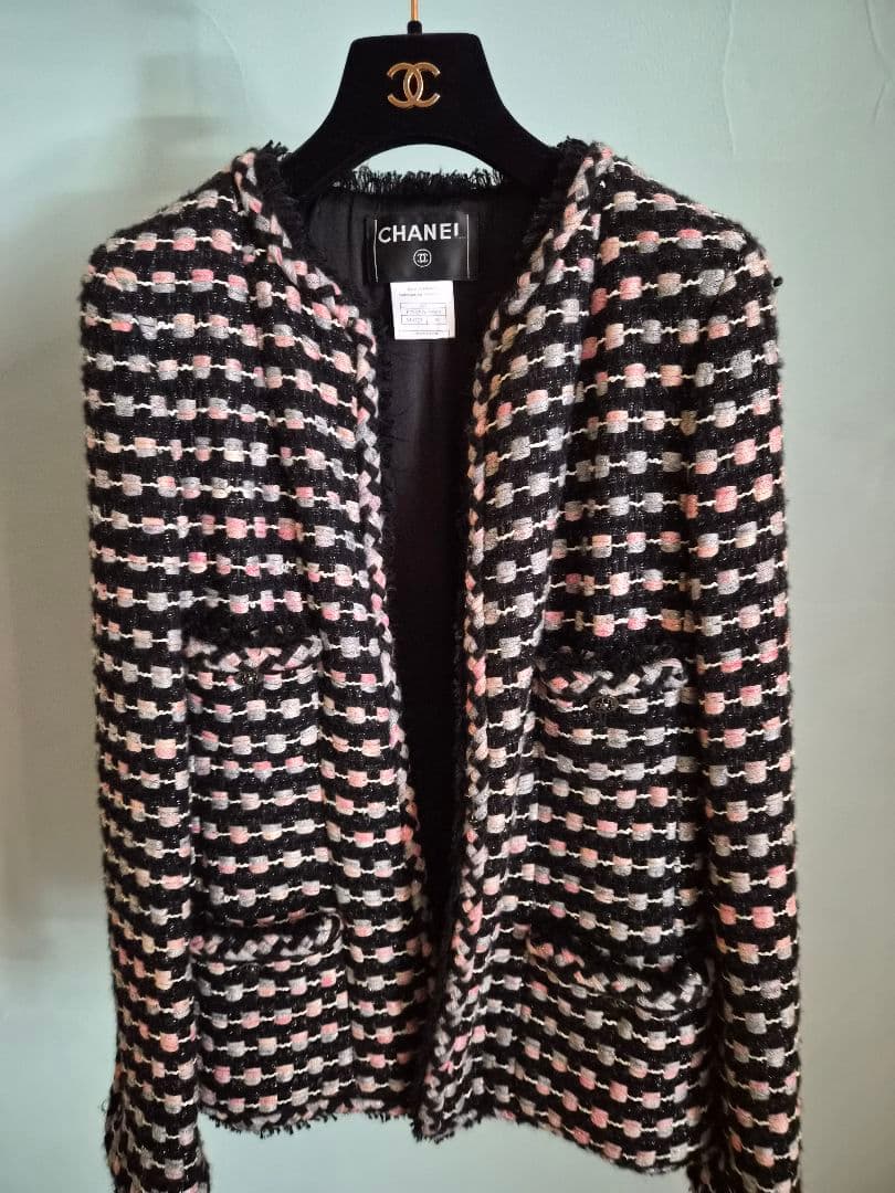 『CHANEL』シャネル　ブラック&ピンク&グレー　ツィード　ジャケット　38