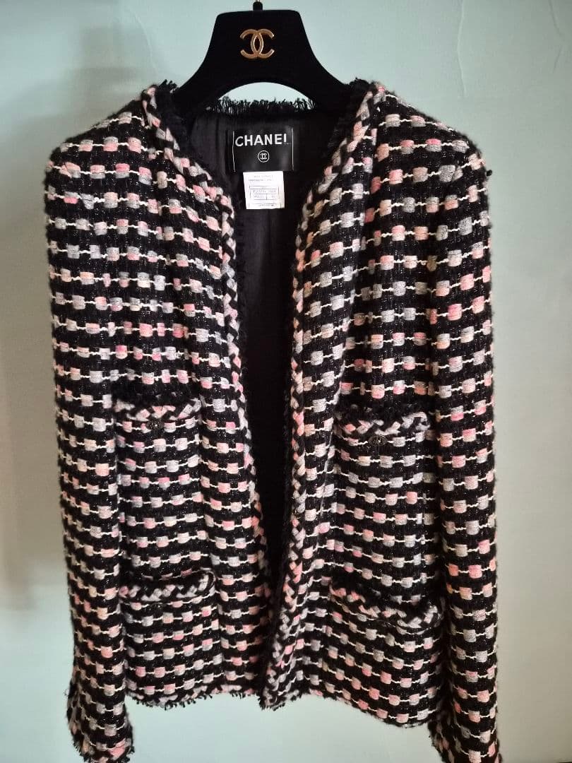 『CHANEL』シャネル　ブラック&ピンク&グレー　ツィード　ジャケット　38