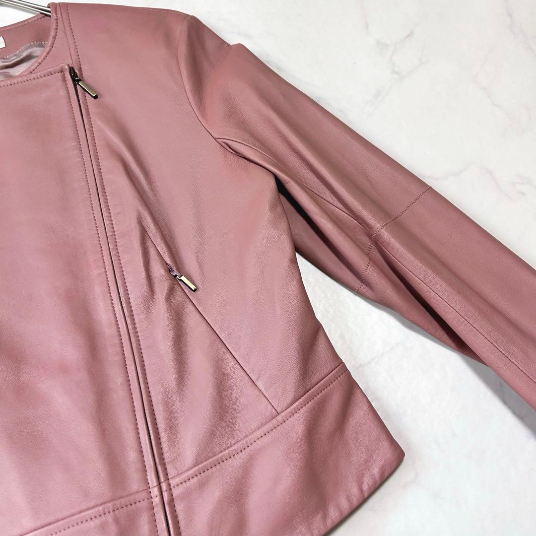 美品 エポカ EPOCA ラムレザー ノーカラーレザージャケット くすみピンク