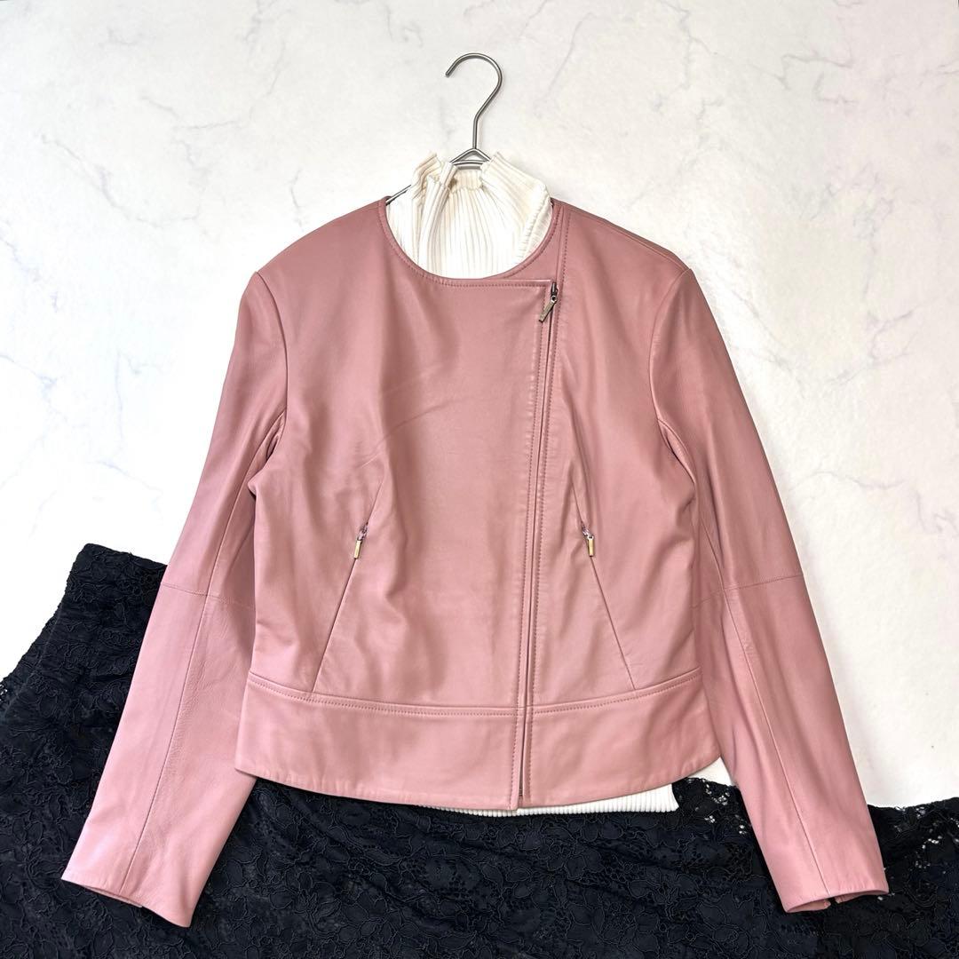 美品 エポカ EPOCA ラムレザー ノーカラーレザージャケット くすみピンク