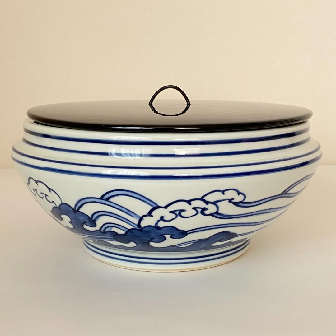 水指 桜川 染付　押小路窯 庄左エ門　共箱入　茶道具　茶器　塗蓋　伝統工芸品