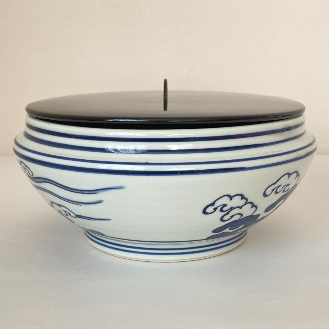 水指 桜川 染付　押小路窯 庄左エ門　共箱入　茶道具　茶器　塗蓋　伝統工芸品