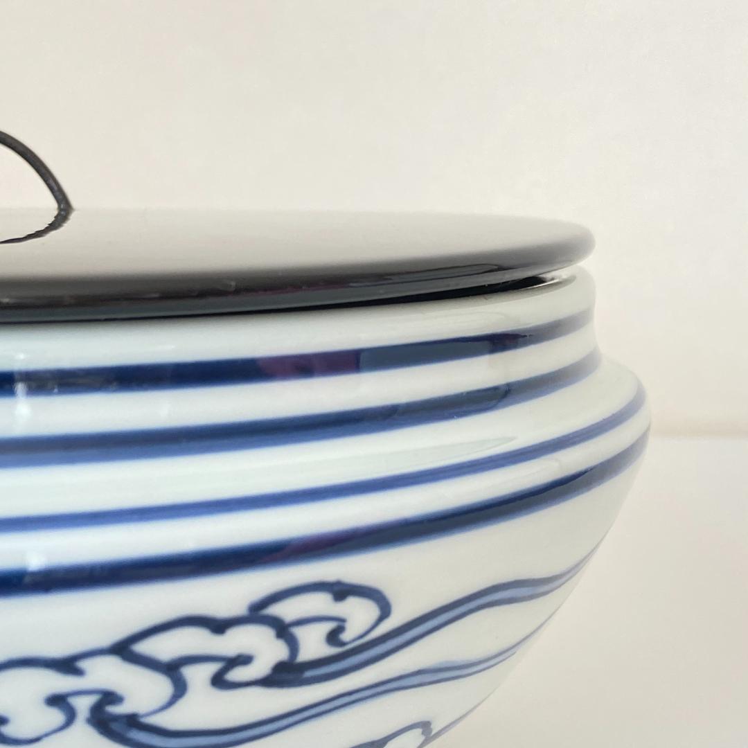 水指 桜川 染付　押小路窯 庄左エ門　共箱入　茶道具　茶器　塗蓋　伝統工芸品