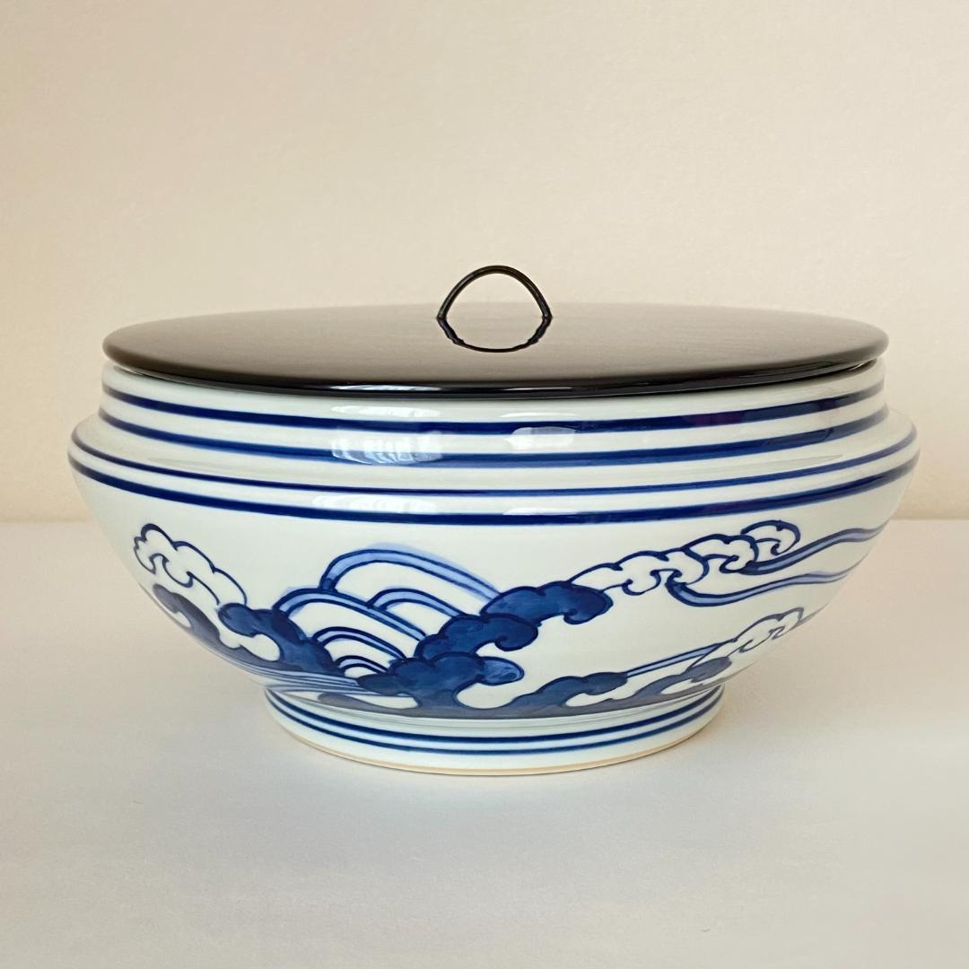 水指 桜川 染付　押小路窯 庄左エ門　共箱入　茶道具　茶器　塗蓋　伝統工芸品