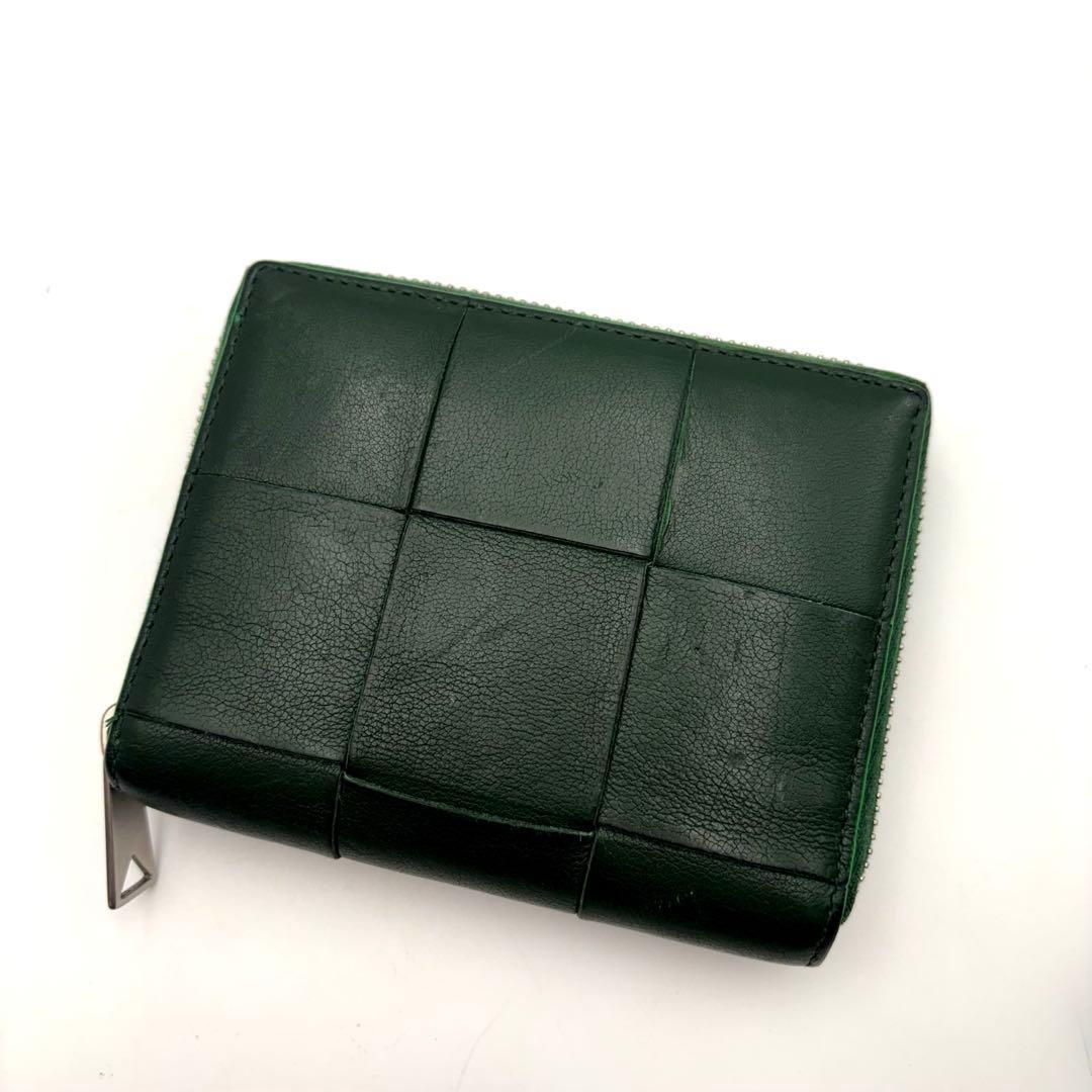 ボッテガヴェネタ　二つ折り　財布　カセット　緑　　ラウンドジップ