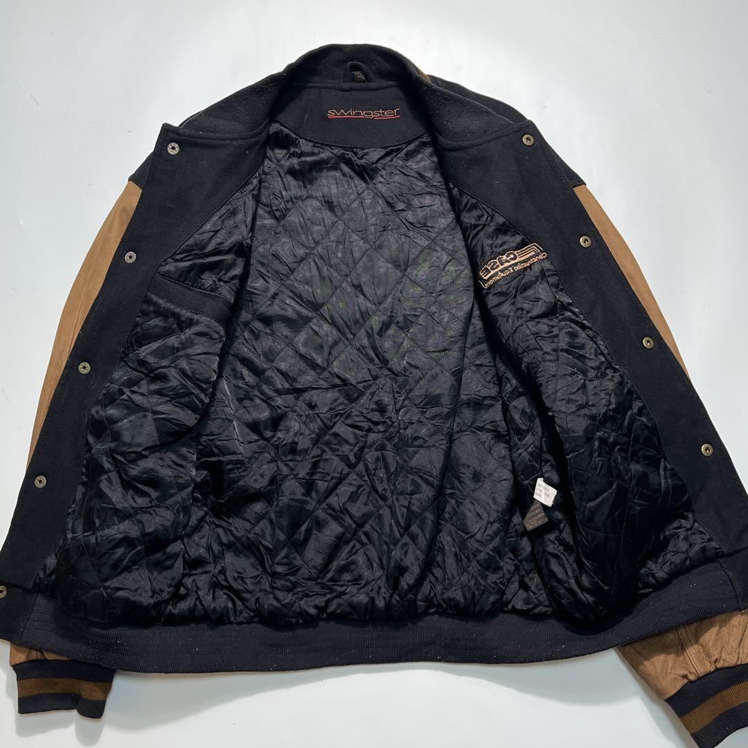 90s スイングスター 袖レザー スタジャン M 黒 茶 企業刺繍 7550