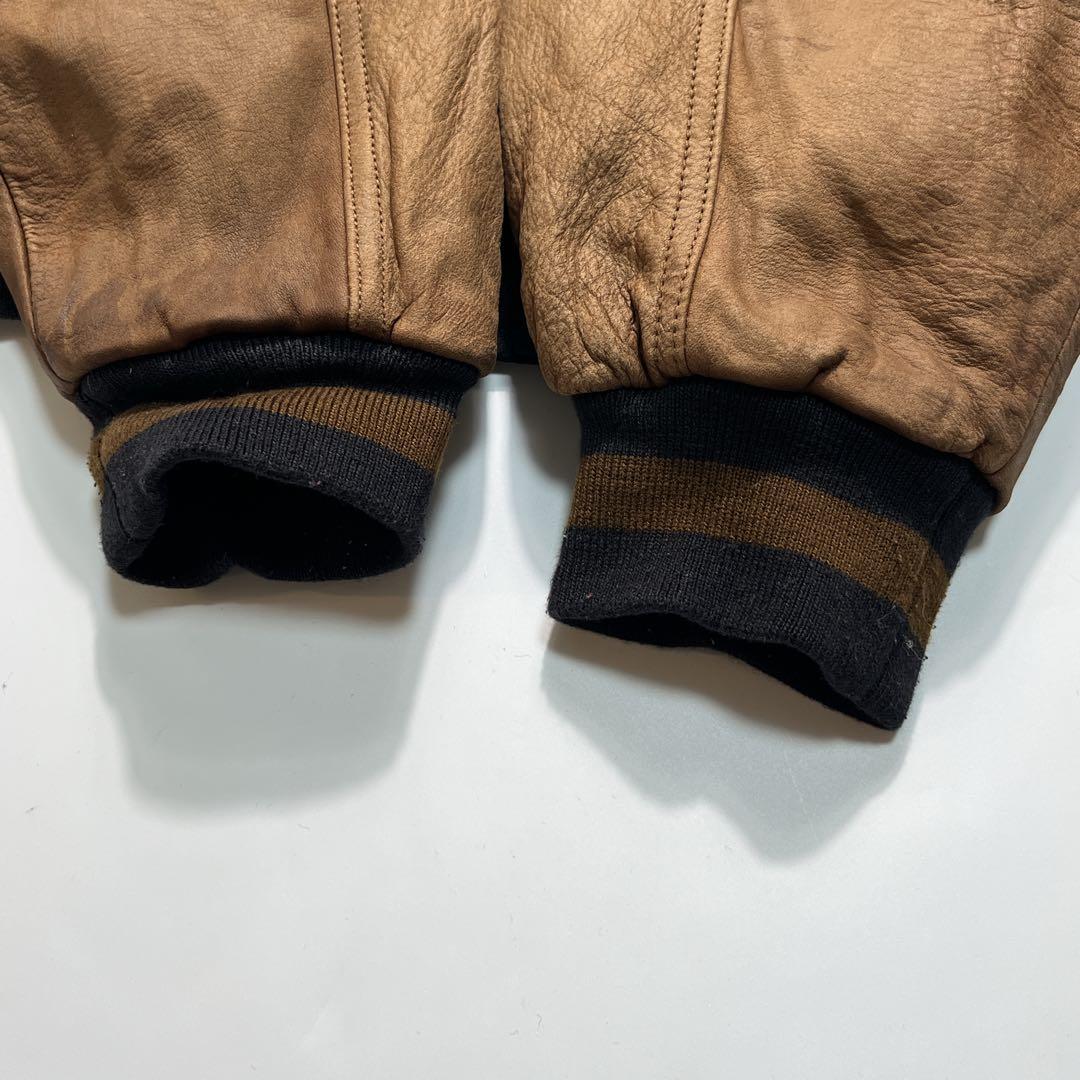 90s スイングスター 袖レザー スタジャン M 黒 茶 企業刺繍 7550