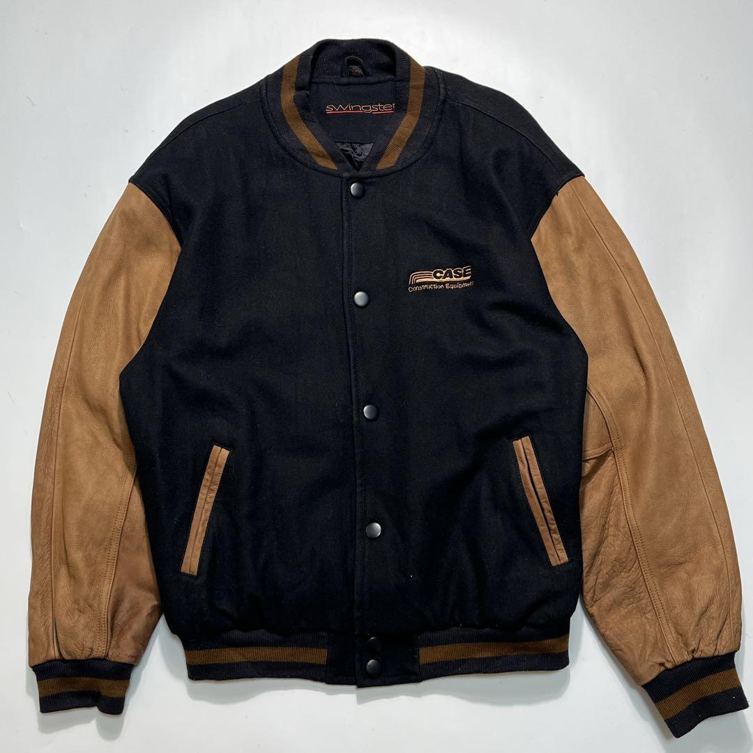 90s スイングスター 袖レザー スタジャン M 黒 茶 企業刺繍 7550