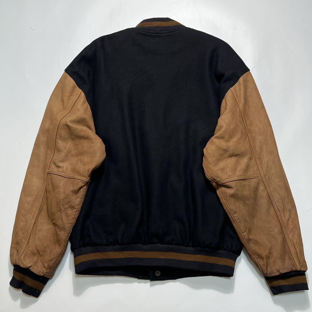 90s スイングスター 袖レザー スタジャン M 黒 茶 企業刺繍 7550