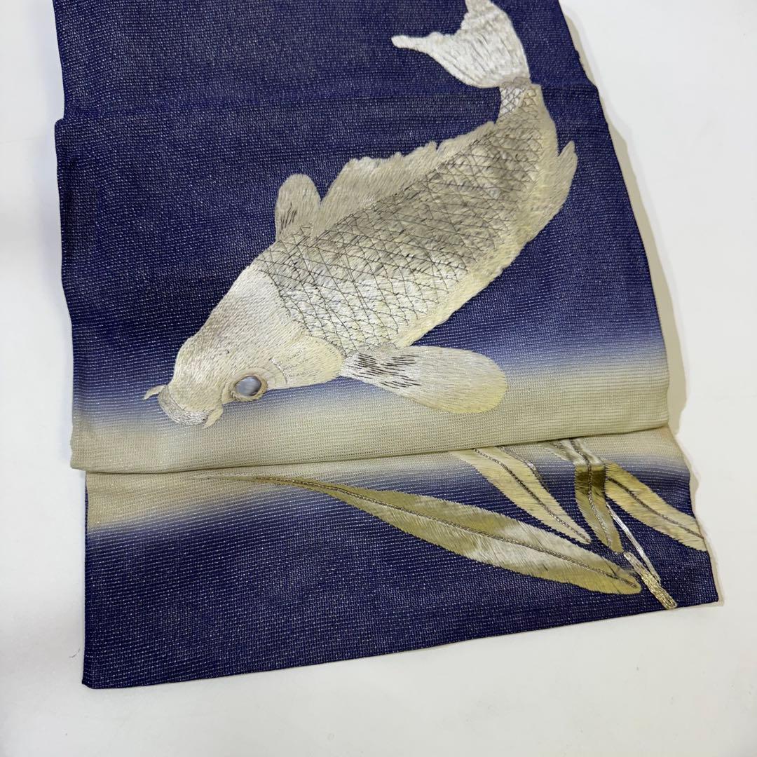 R*a様 鯉　刺繍帯　名古屋帯 紺色　夏帯　螺鈿　貝　白銀　笹　希少