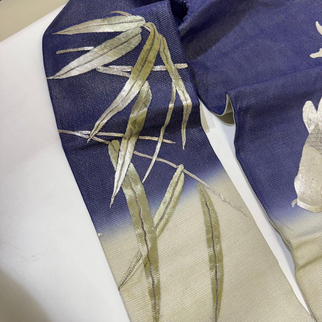 R*a様 鯉　刺繍帯　名古屋帯 紺色　夏帯　螺鈿　貝　白銀　笹　希少